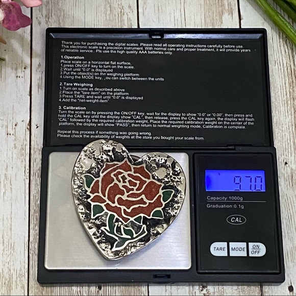 Vintage S.S.I. Enamel Inlay Rose Flower Heart-shaped Belt Buckle - Picture 6 of 12